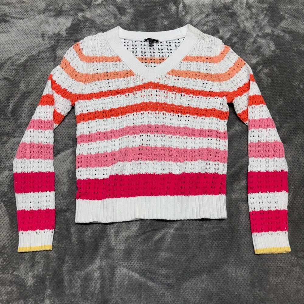 Talbots Petite Pink Orange White Striped Cotton Open Knit V-Neck Sweater P